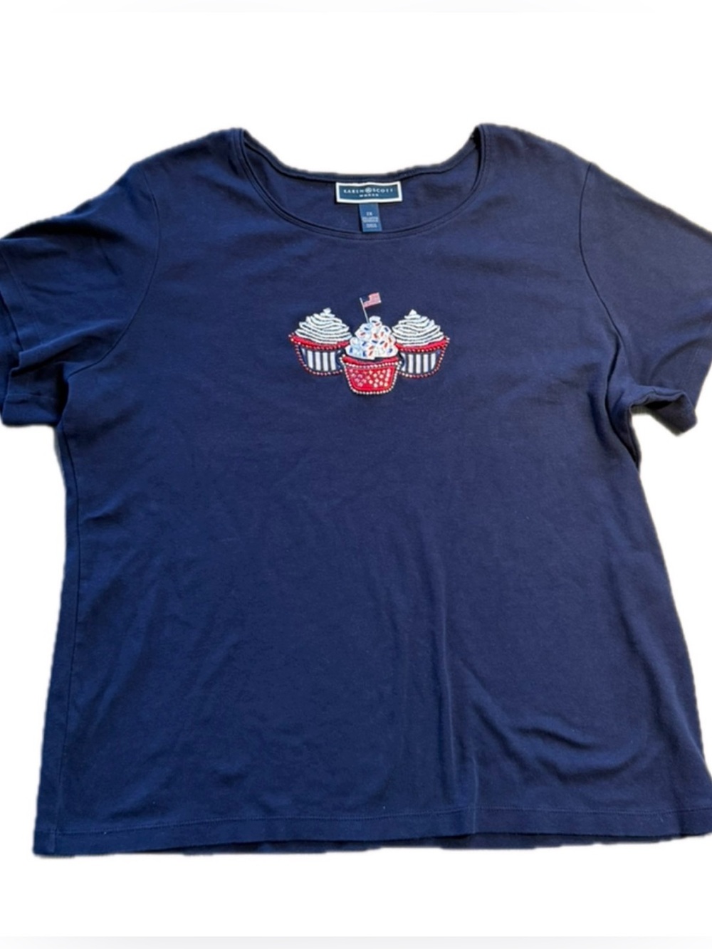 Labor Day Flag Patriotic BLING Cupcake‎ Red White &  Blue Knit Top T-Shirt Sz 2X